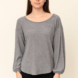 Ayla Gray Balloon Sleeve Knit Top S | Lace Shoulder Detail | Cozy Ribbed Texture